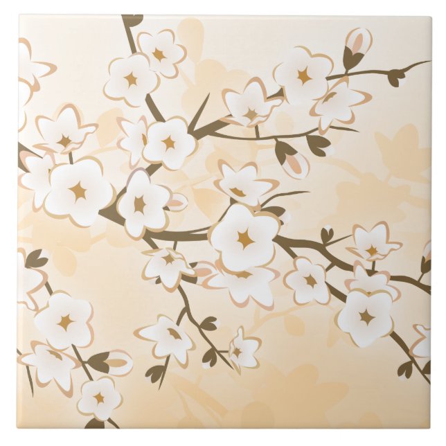 Cherry Blossom Beige Cream Floral Asia Ceramic Tile (Front)