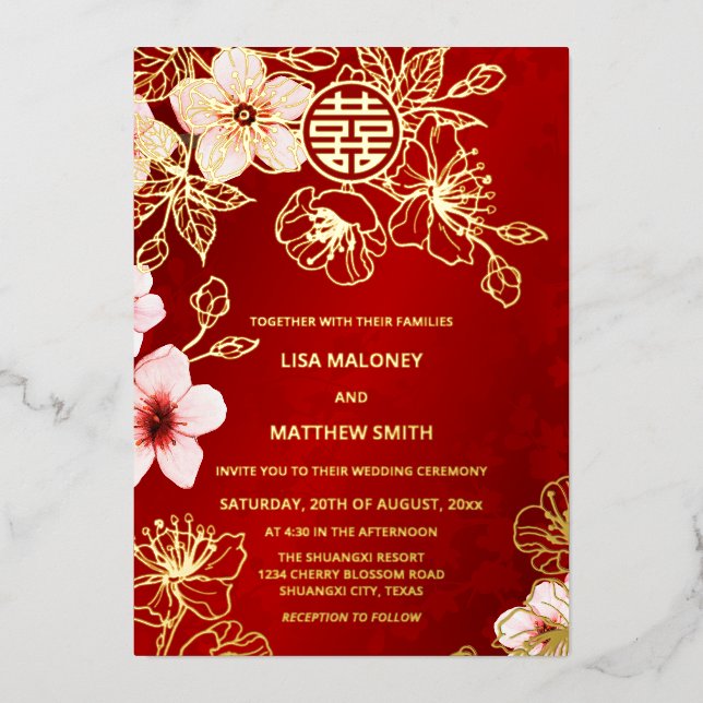 Cherry Blossom BILINGUAL Chinese Wedding Foil Invitation (Front)
