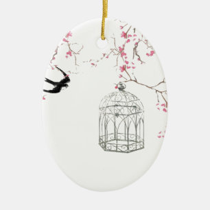 Cherry blossom, bird, birdcage - original, stylish ceramic ornament