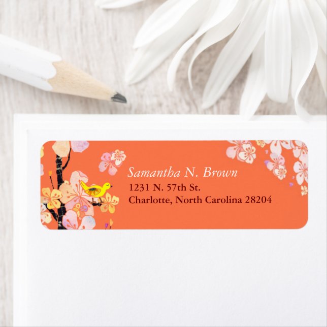 Cherry Blossom Bird Orange Address Label (Insitu)