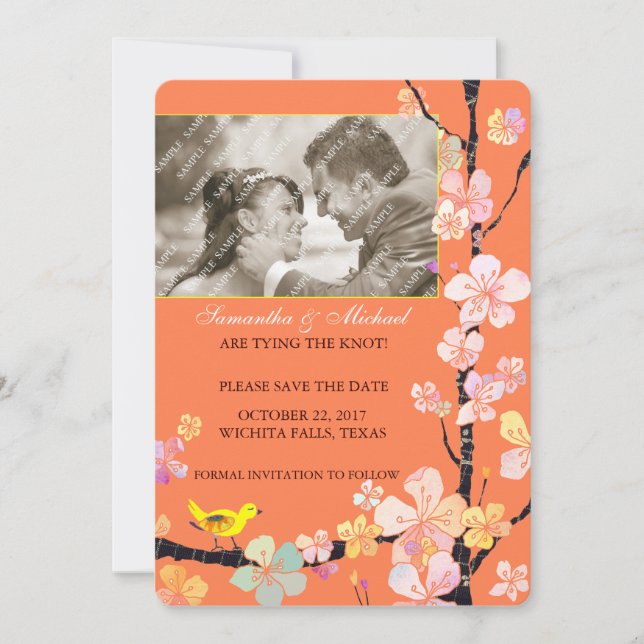 Cherry Blossom & Bird: Photo Save the Date (Front)