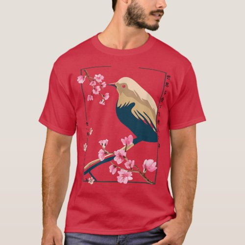 Cherry Blossom Bird Vintage Japanese Block Art Str T_Shirt