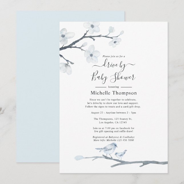 Cherry Blossom Birds Floral Drive By Baby Shower Invitation (Front/Back)