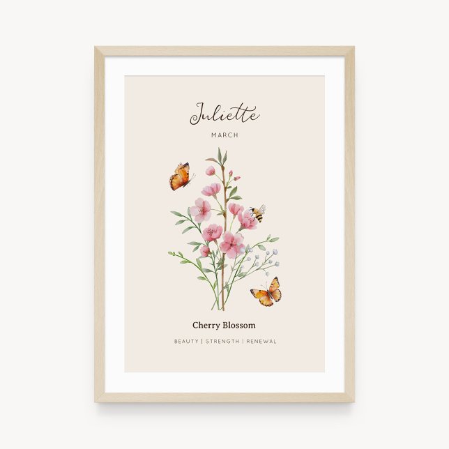 Cherry Blossom Birth Month Flower Poster (Example of cherry blossom birth flower poster once framed. )