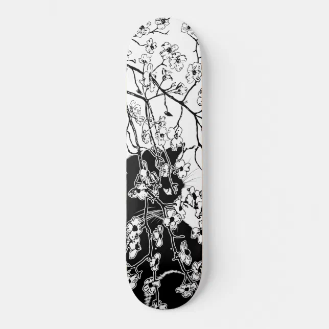 Cherry Blossom Black Cat Floral Black and White Skateboard | Zazzle