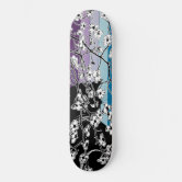 Cherry Blossom Black Cat Floral Black and White Skateboard