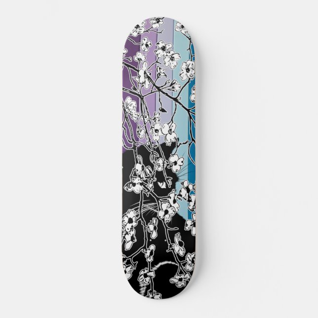 Cherry Blossom Black Cat Floral Stripes Purple Skateboard (Front)