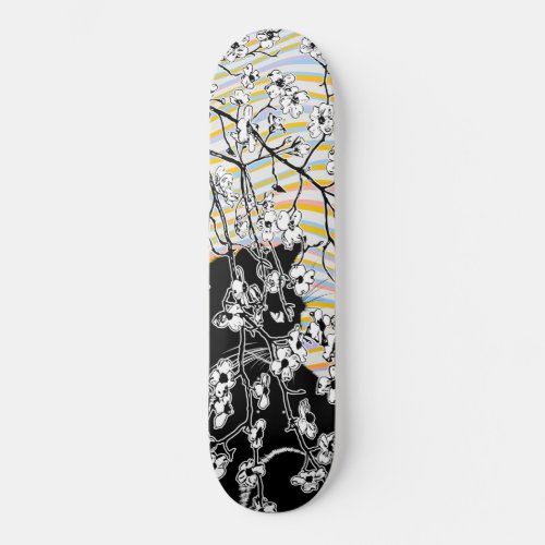 Cherry Blossom Black Cat Floral Waves Colorful Skateboard