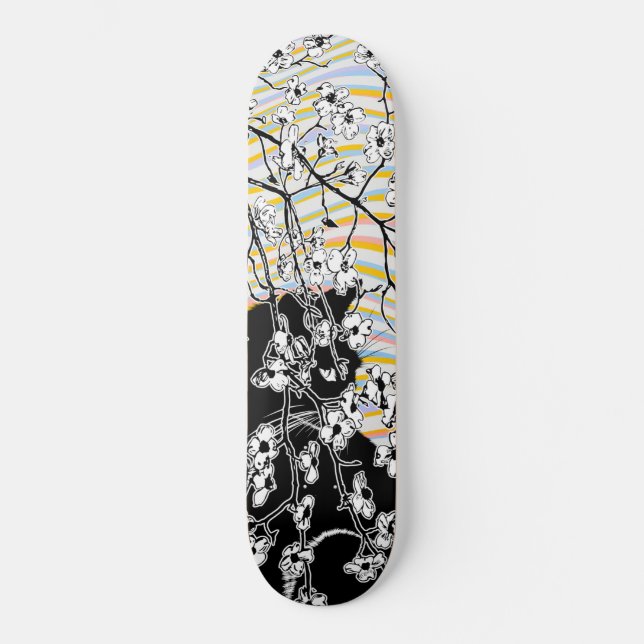 Cherry Blossom Black Cat Floral Waves Colorful Skateboard (Front)