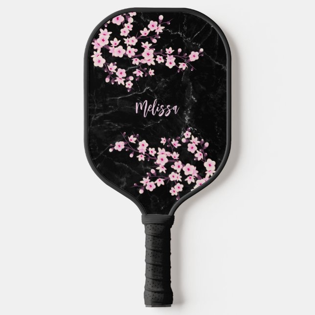 Cherry Blossom Black Marble Monogram Pickleball Paddle (Front)