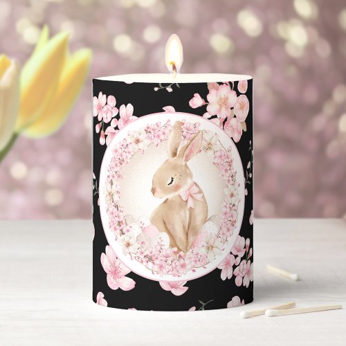 Cherry Blossom Black Pink Easter Bunny Floral Pillar Candle
