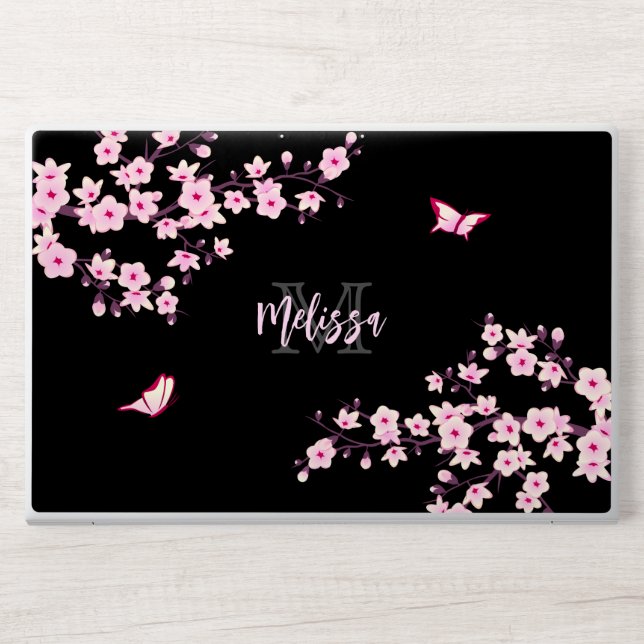 Cherry Blossom Black Pink Your Name Monogram  HP Laptop Skin (Front)