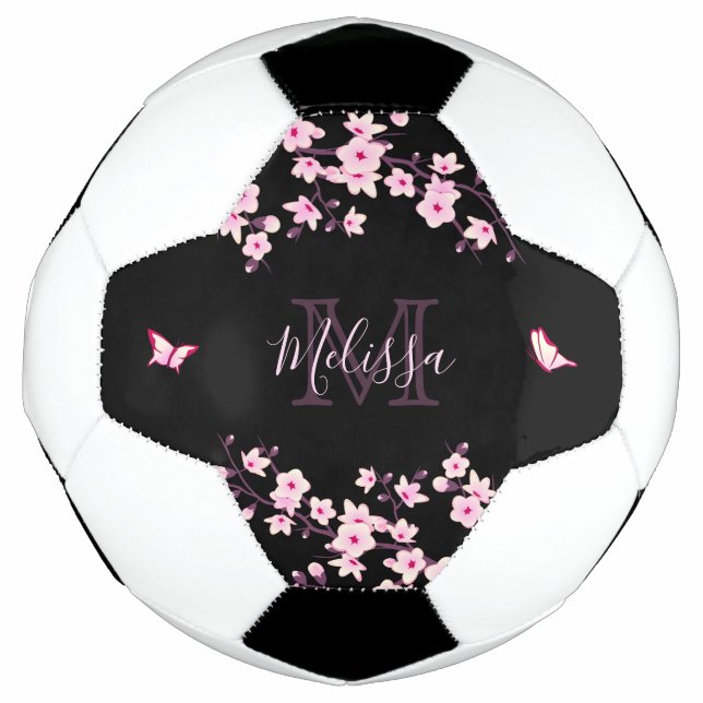 Cherry Blossom Black Pink Your Name Monogram Soccer Ball (Front)