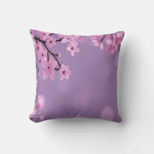 Cherry Blossom Blooms on Purple Background Throw Pillow