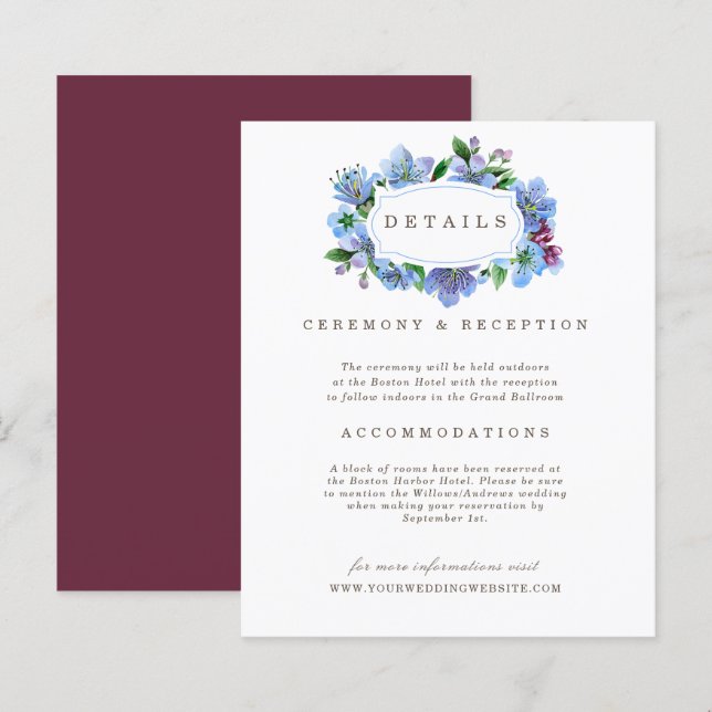 Cherry Blossom Blue Elegant budget Wedding Details (Front/Back)