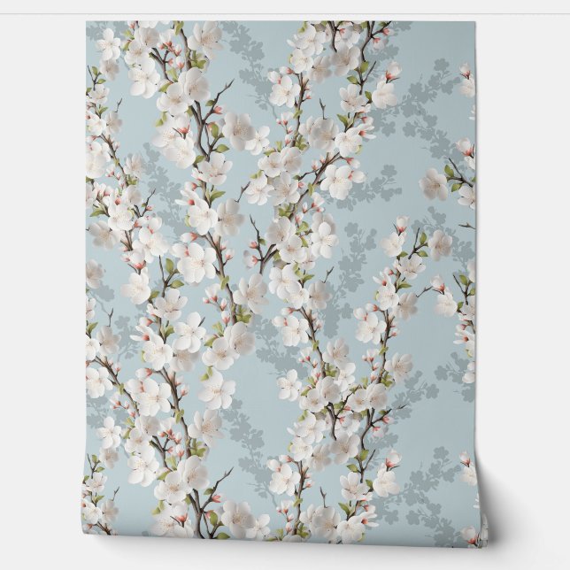 Cherry blossom blue pastel soft wallpaper rolls (Unrolling)