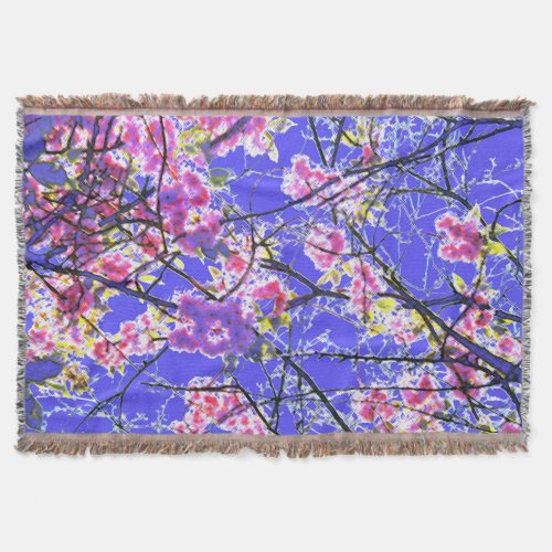 Cherry Blossom Blue Pink Floral Design Throw Blanket