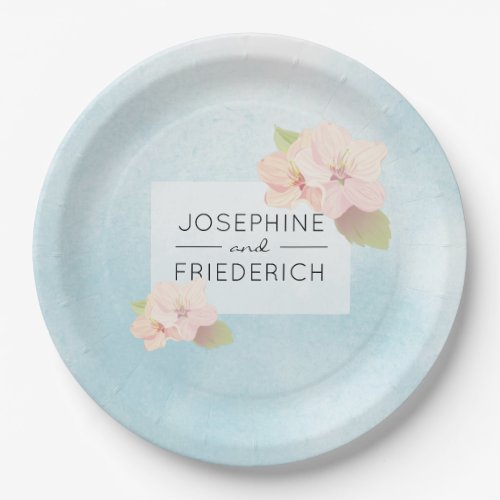 Cherry Blossom Blue Watercolor Wedding Paper Plate