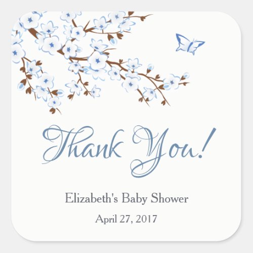  Cherry Blossom Blue White Baby Shower Square Sticker