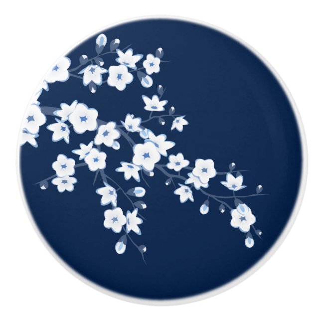 Cherry Blossom Blue White Ceramic Knob (Front)