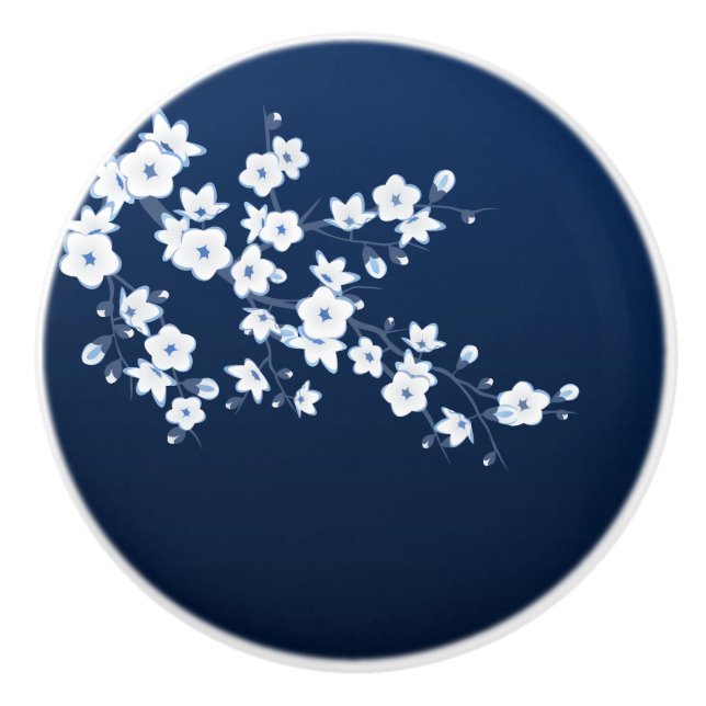 Cherry Blossom Blue White Ceramic Knob (Front)