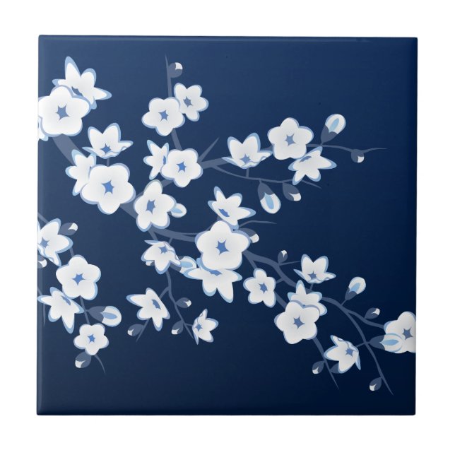 Cherry Blossom Blue White Ceramic Tile (Front)