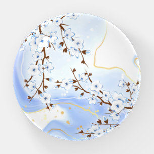 Cherry Blossom Blue White Ink Floral Paperweight