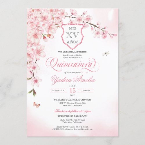 Cherry Blossom Blush Pink Quinceaera Invitation