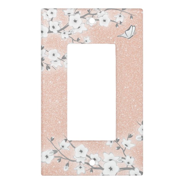 Cherry Blossom Blush Rose Gold Glitter Floral Light Switch Cover (Front)