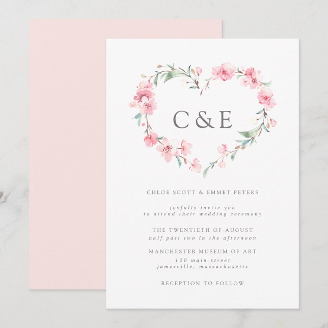 Cherry Blossom Botanical Heart Monogram Wedding Invitation (Front/Back)