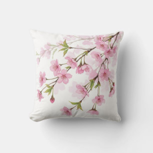 Cherry Blossom Branch Watercolor Pink Floral Throw Pillow