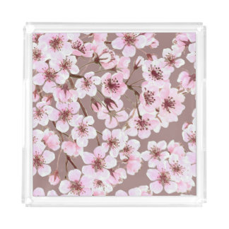 Cherry Blossom Branches Watercolor Pattern Acrylic Tray