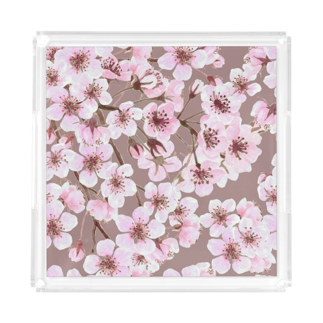 Cherry Blossom Branches Watercolor Pattern Acrylic Tray (Front)