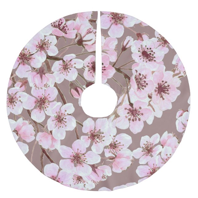 Cherry Blossom Branches Watercolor Pattern Brushed Polyester Tree Skirt (Front)