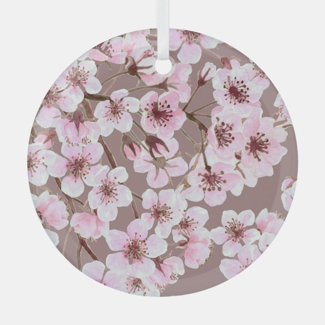 Cherry Blossom Branches Watercolor Pattern Glass Ornament (Front)