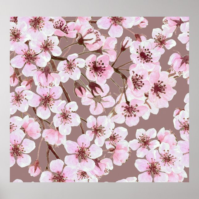 Cherry Blossom Branches Watercolor Pattern Poster (Front)