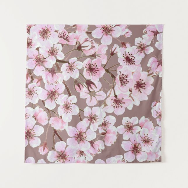 Cherry Blossom Branches Watercolor Pattern Tapestry (Front)