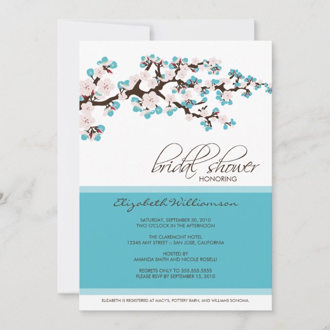 Cherry Blossom Bridal Shower Invitation (aqua) (Front)