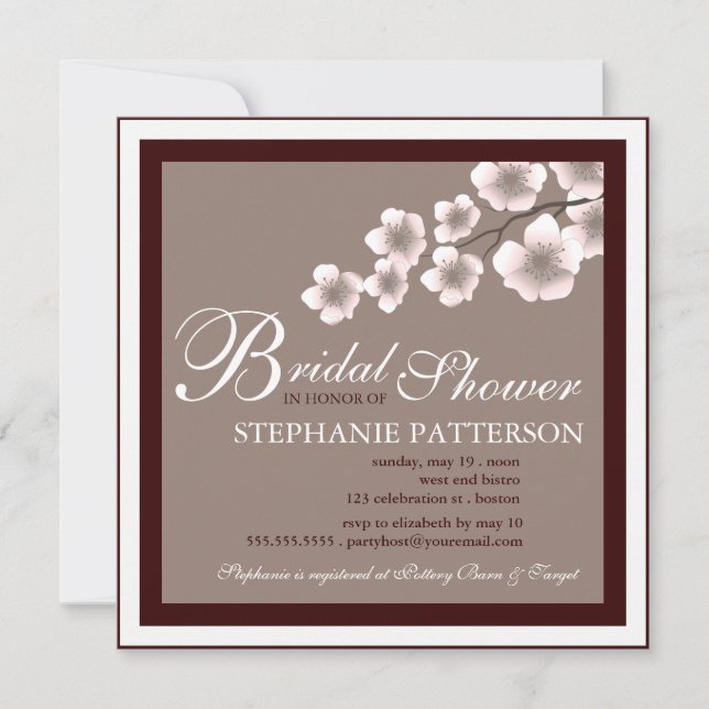 Cherry Blossom Bridal Shower Invitation PInk Brown (Front)