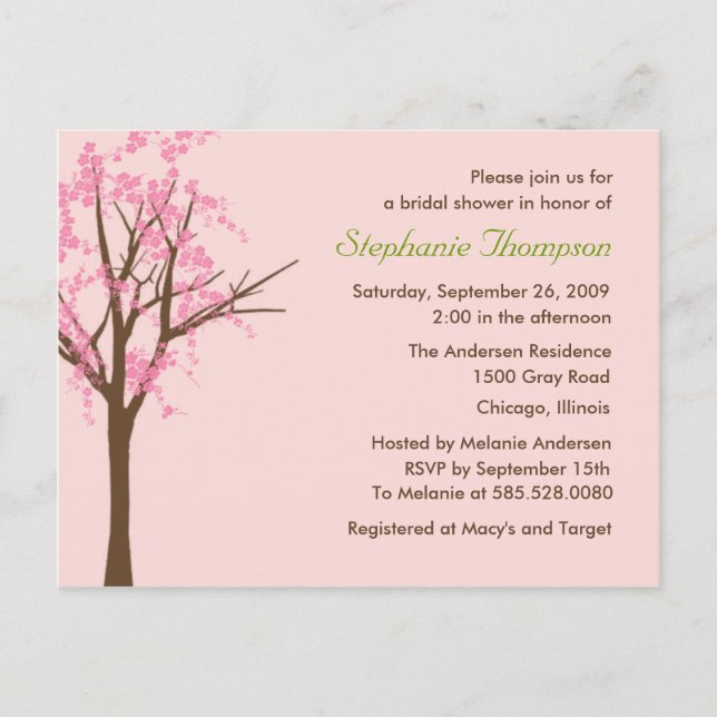 Cherry Blossom Bridal Shower Invitation Postcard (Front)
