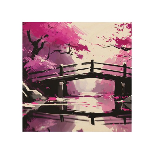 Cherry Blossom Bridge in Ink Wood Wall Art