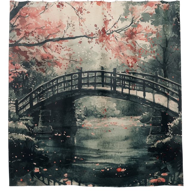 Cherry Blossom Bridge Sumi-E Landscape (1) Shower Curtain (Front)