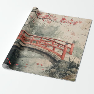Cherry Blossom Bridge Sumi-E Landscape (2) Wrapping Paper