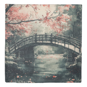 Cherry Blossom Bridge Sumi-E Landscape Duvet Cover