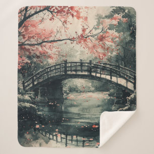 Cherry Blossom Bridge Sumi-E Landscape Sherpa Blanket