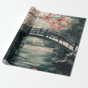 Cherry Blossom Bridge Sumi-E Landscape Wrapping Paper