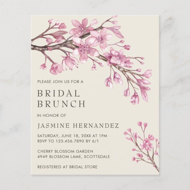 Cherry Blossom Budget Bridal Brunch Invitation (Front)