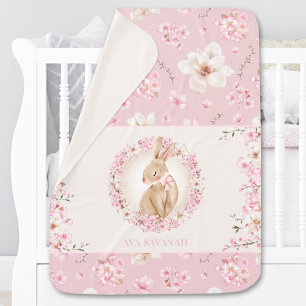 Cherry Blossom Bunny Personalized Name Pink Cream Baby Blanket