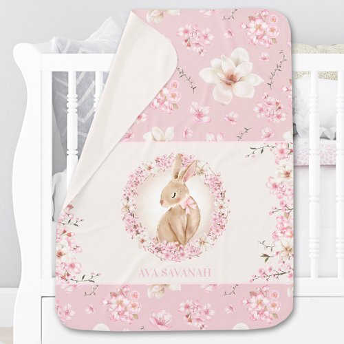 Cherry Blossom Bunny Personalized Name Pink Cream Baby Blanket