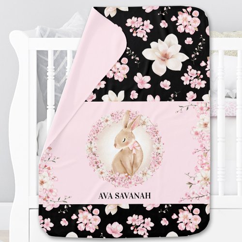 Cherry Blossom Bunny Spring Easter Black Pink Girl Baby Blanket